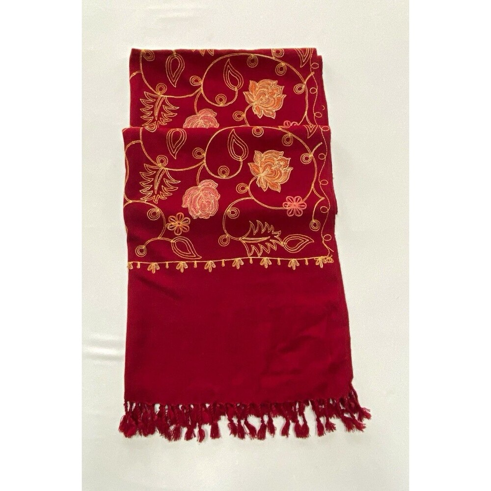 Women's Red & Gold Floral Flower Print Scarf Wrap with Fringe Tassel Trim